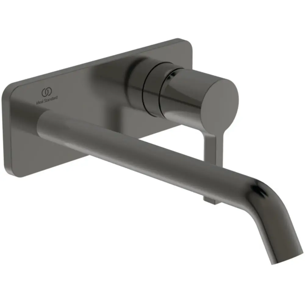 Wandmontierte Waschtischarmatur in mattem Grau von Ideal Standard mit gerader Auslauf- und einfacher Bedienung. Eckige Montagebasis sichtbar.